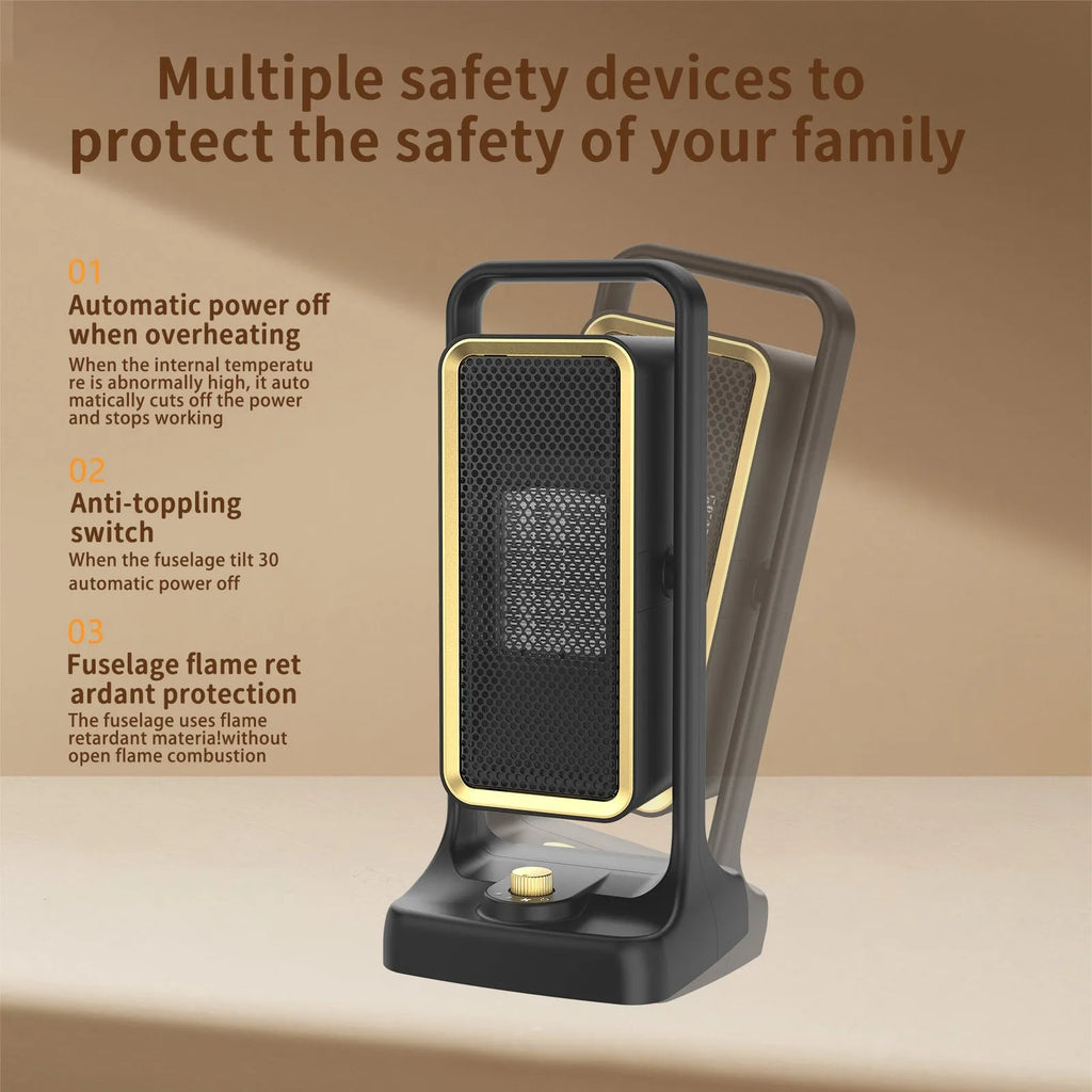 Compact black desktop PTC ceramic air heater with control knob on front.