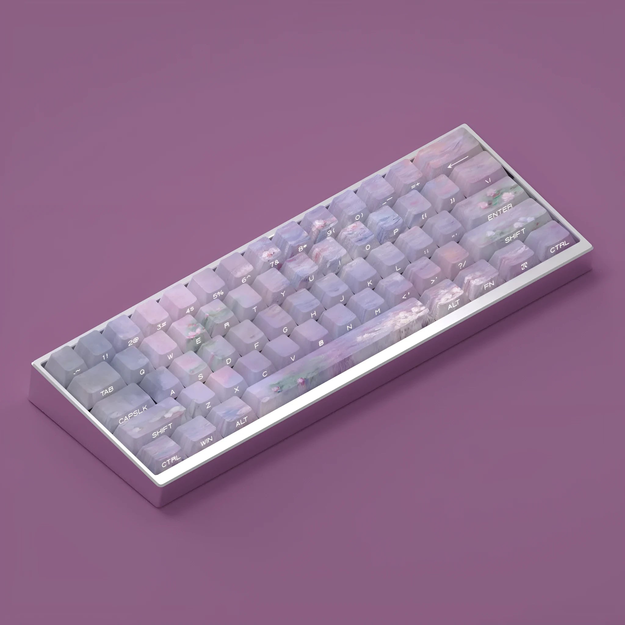 Wenshao Sleeping Lotus PBT keycap set with 130 keys, showing side-engraved legends and five-sided dye-sublimated artwork.