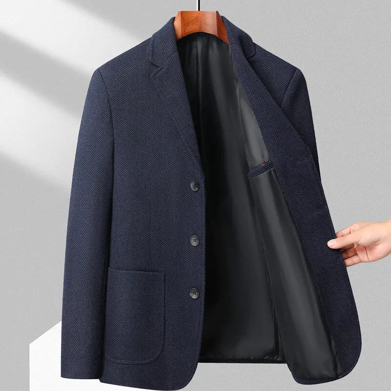 Men's solid colour woolen style coat in a loose fit, shown in black, khaki, grey, or dark blue.