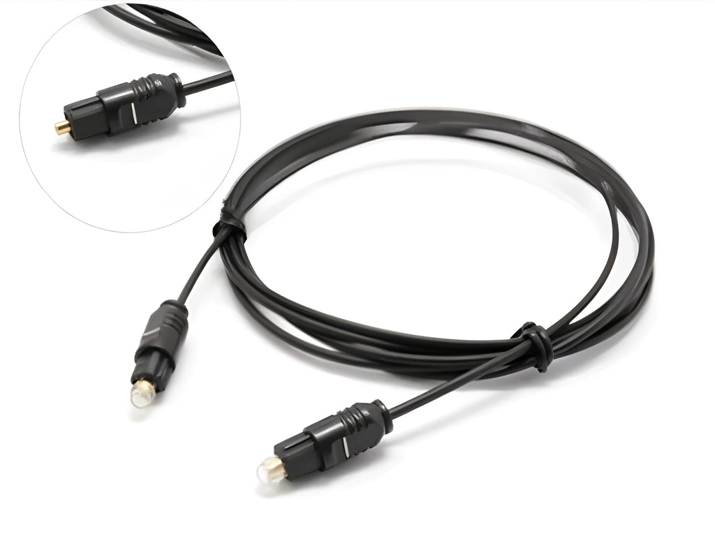 OD2.2 optical digital audio cable with TOSLINK connectors, showing slim black PVC jacket.