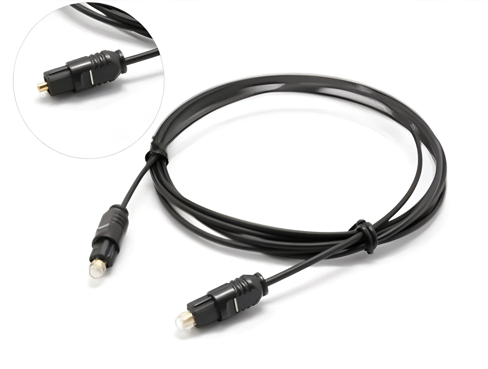 OD2.2 optical digital audio cable with TOSLINK connectors, showing slim black PVC jacket.