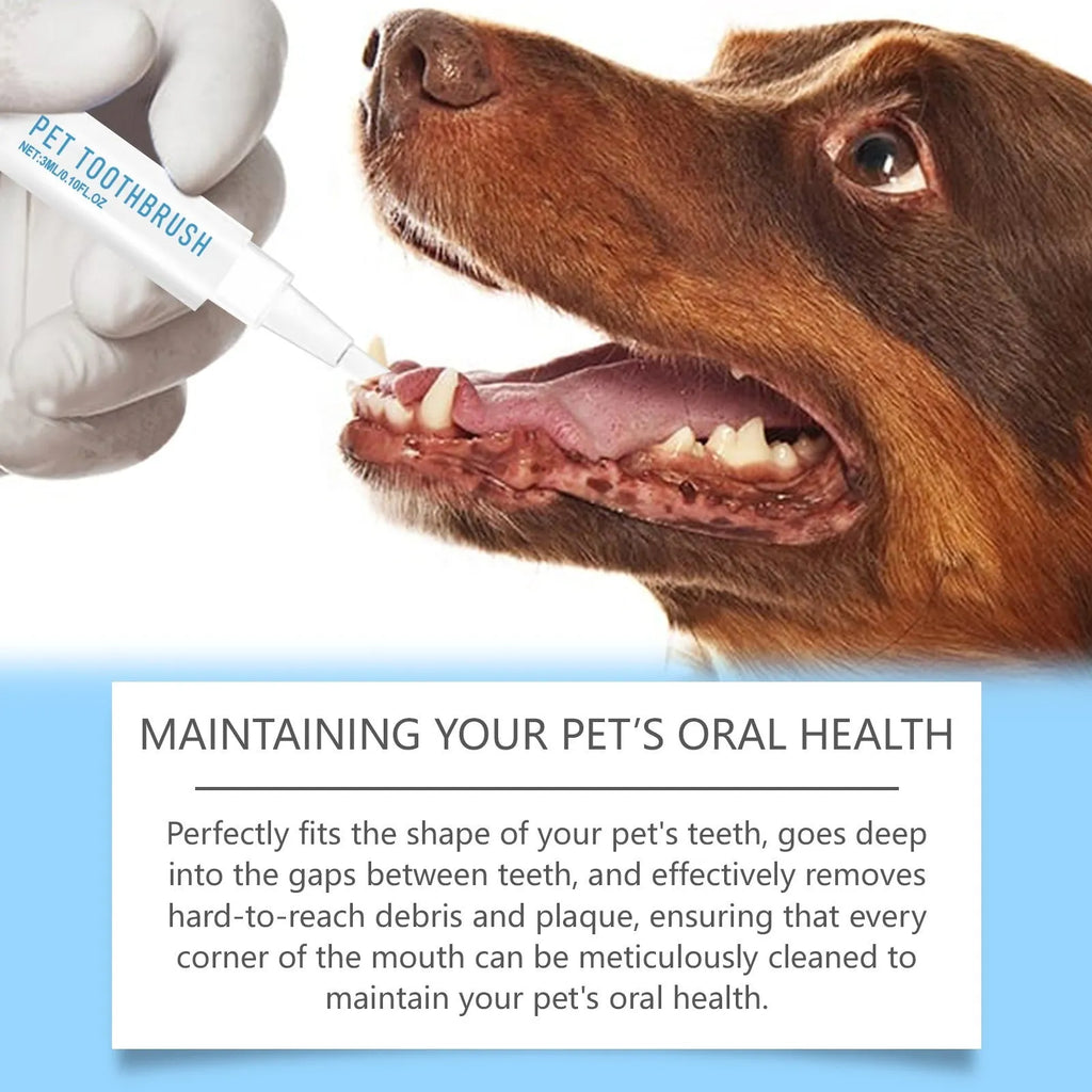 A white pet toothbrush pen with a soft bristle head and an included tube of pet toothpaste.