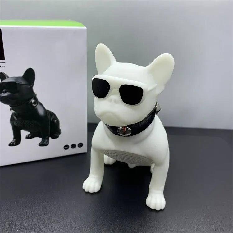 Mini bulldog-shaped Bluetooth speaker in black, red, or white colours showing wireless design