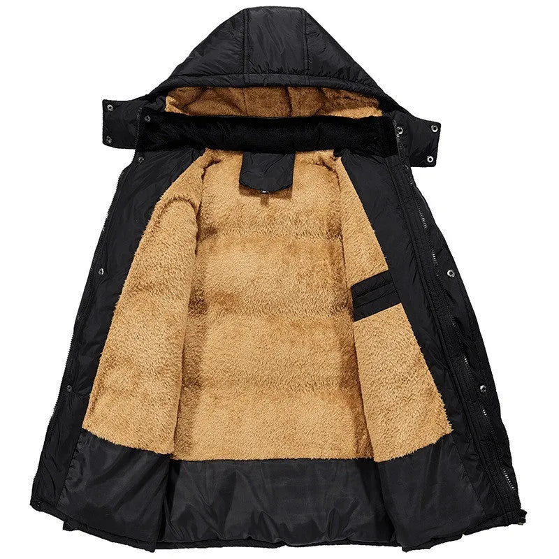 Men's black velvet padded winter jacket with hood and double-breasted front