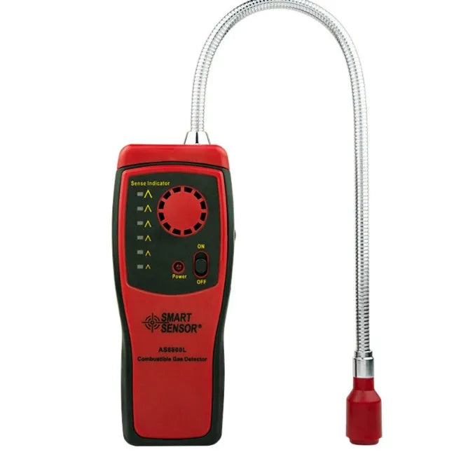 AS8800L portable flammable gas detector with LED alarm light, shown with three AA batteries.