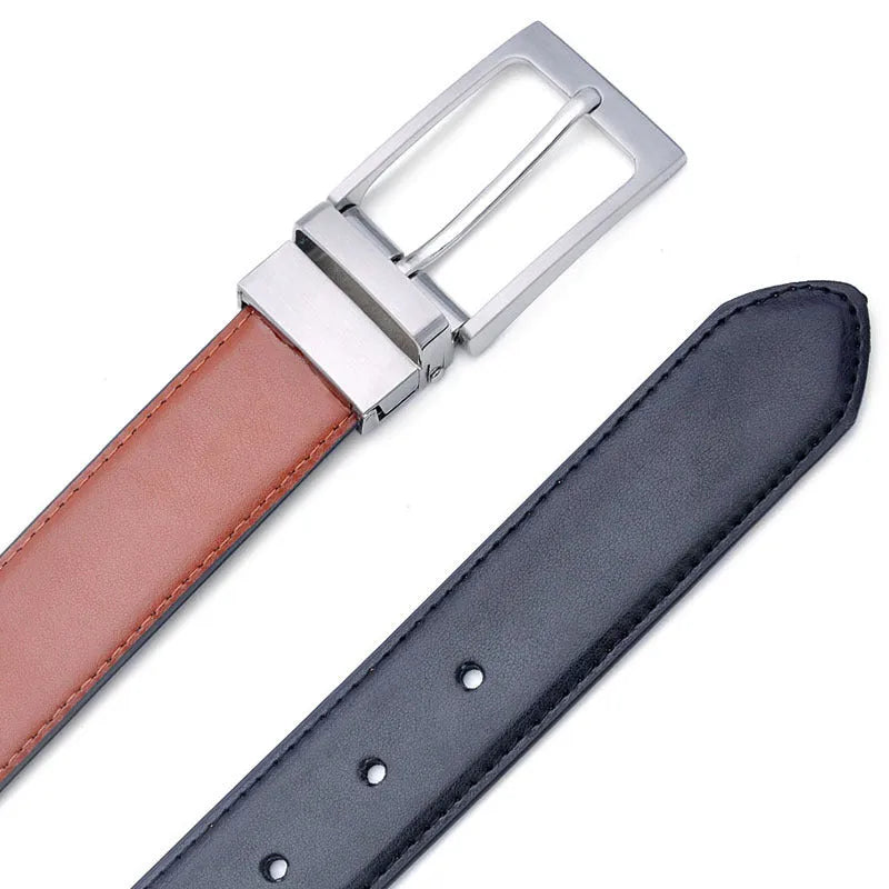 Men's brown and black genuine leather belt with rotating alloy pin buckle shown at 120cm length