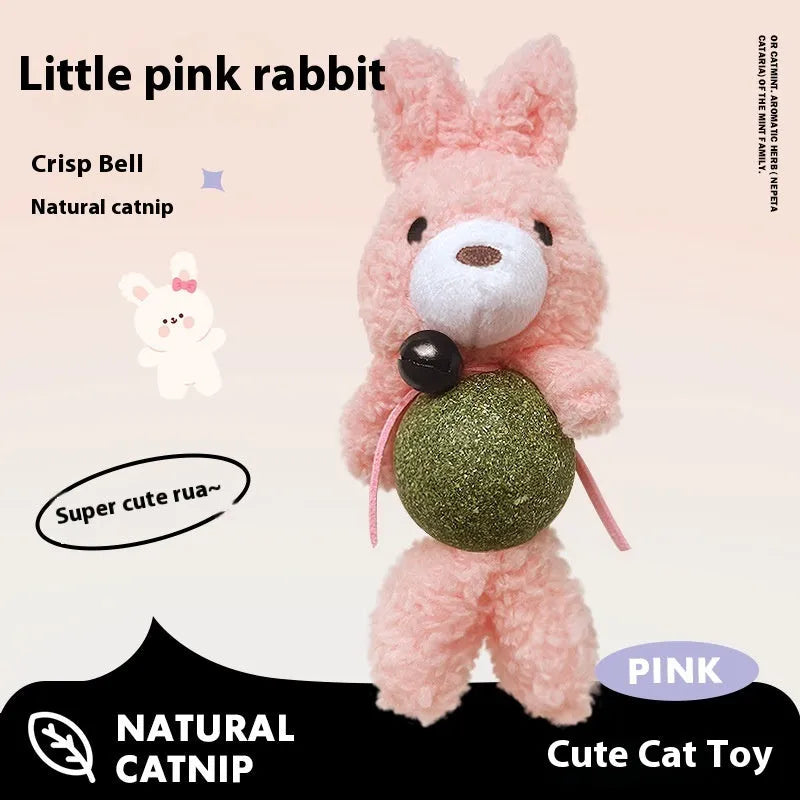 Plush catnip ball toy with bell in brown bear design, showing 15cm height with attached catnip ball