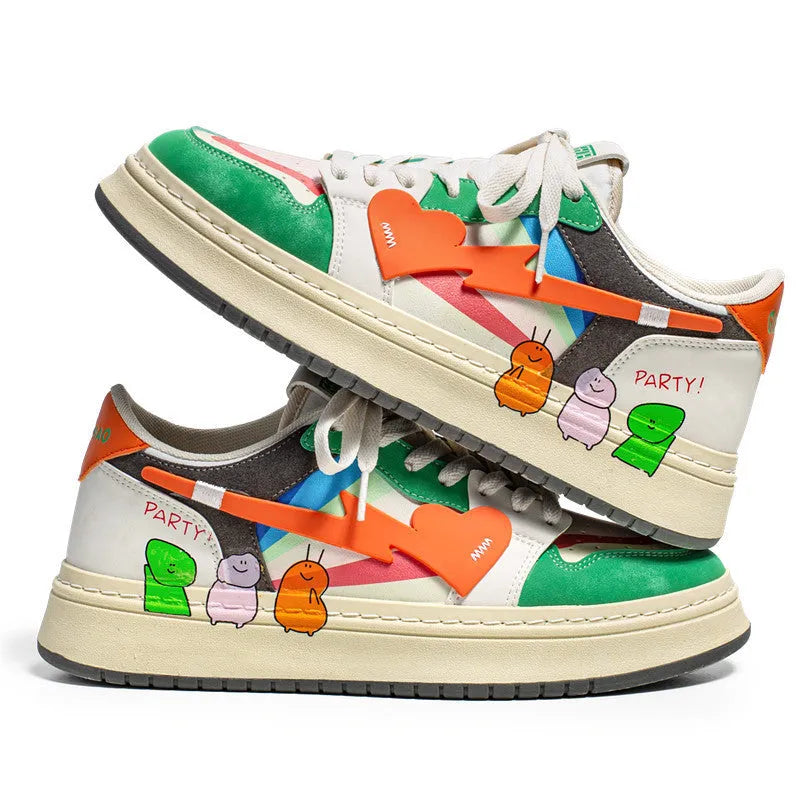 Lace-up casual sneakers in rainbow white blue colour on a plain background, showing wear-resistant sole and simple design
