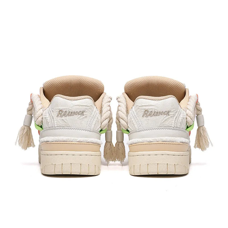 Cream white retro lace-up skateboard shoes with platform sole on a plain background