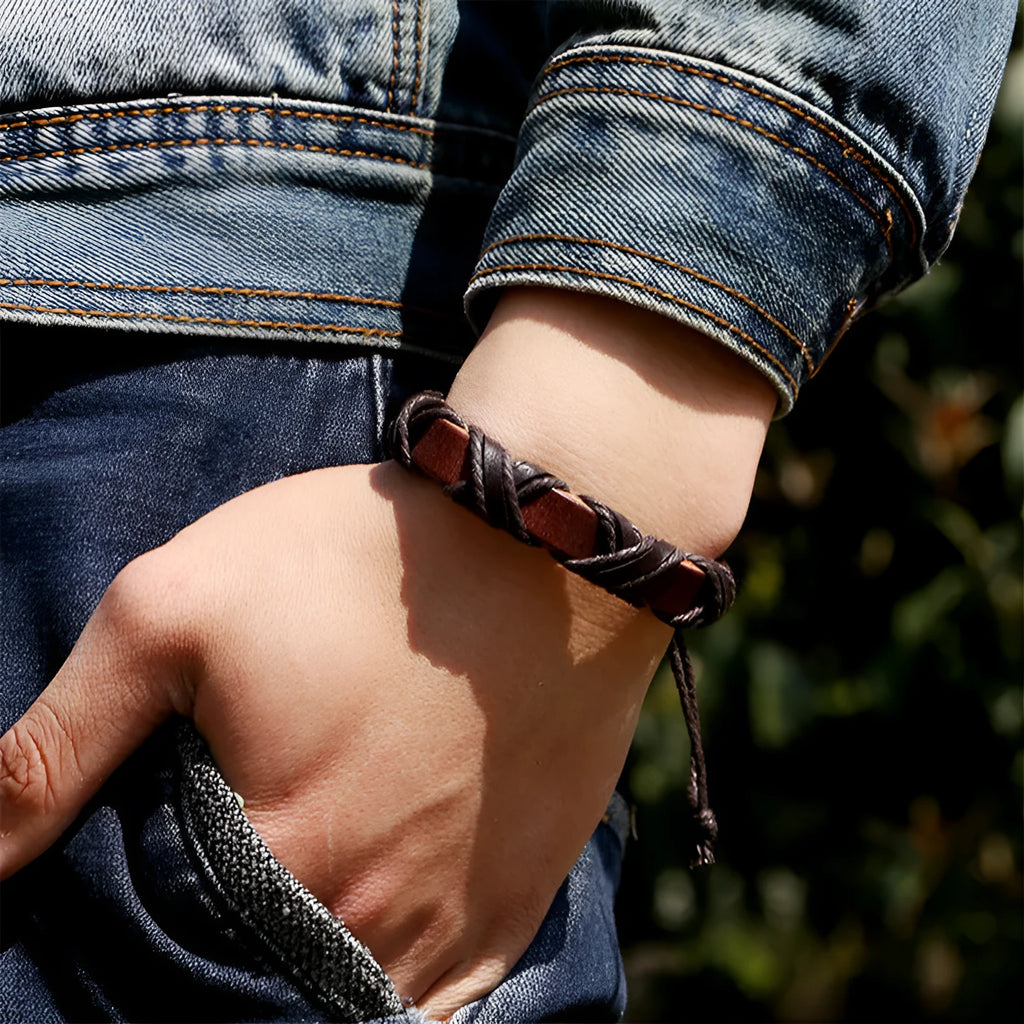 Asgard crafted leather Nordic arm bracelet in brown cowhide with black hemp rope adjustable fit