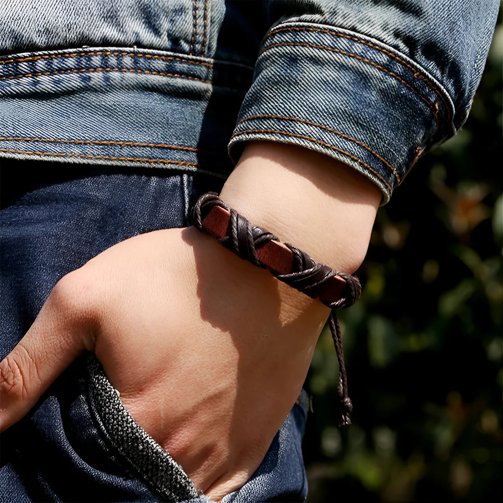 Asgard crafted leather Nordic arm bracelet in brown cowhide with black hemp rope adjustable fit