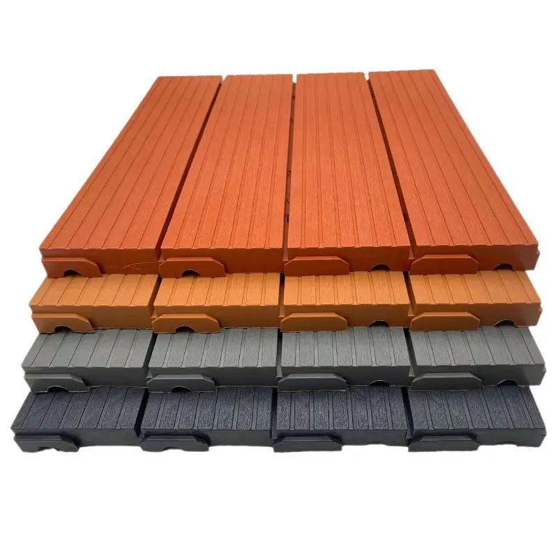 Plastic interlocking floor tiles in wood grain pattern showing 300x300mm dimensions and non-slip surface texture