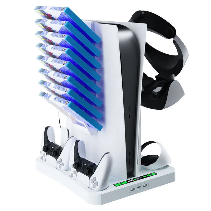 PS5 PSVR2 multifunctional cooling pad base with game disc and helmet storage rack in ABS material