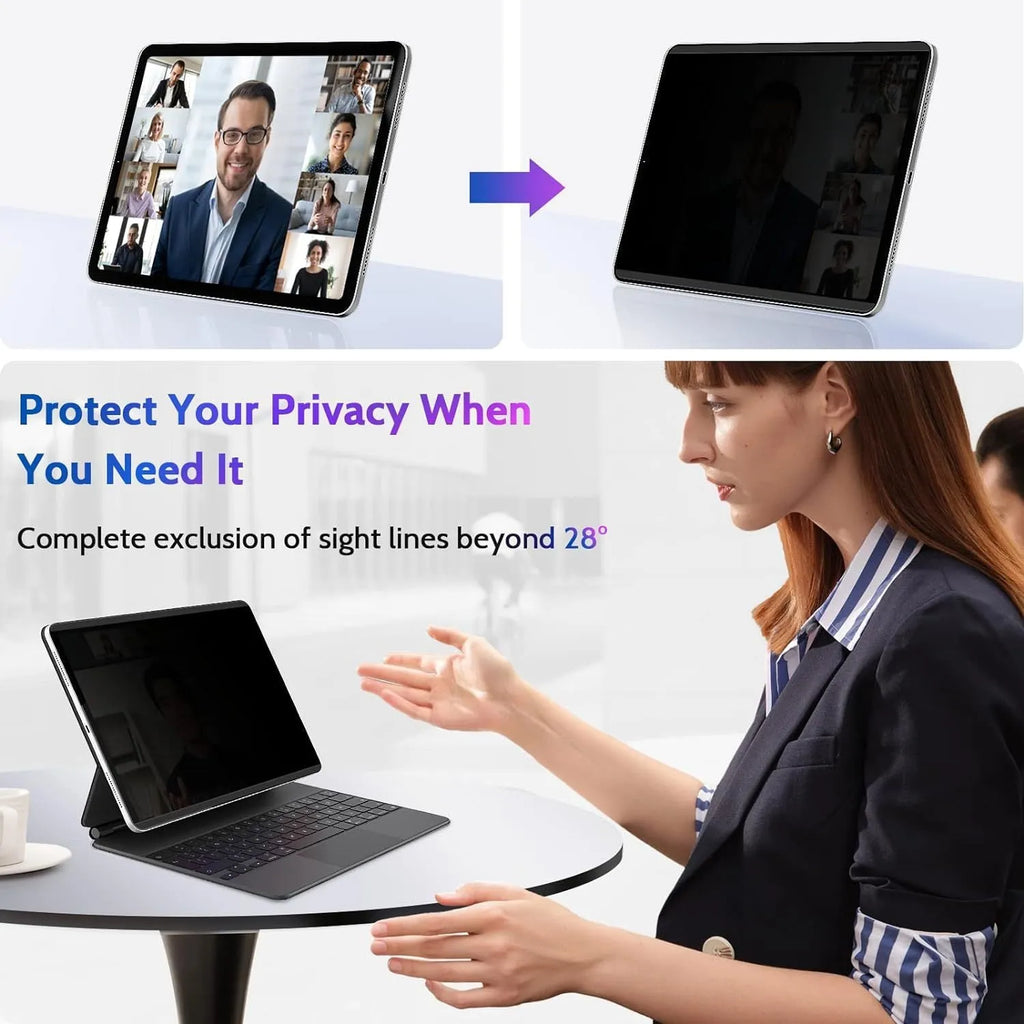 Magnetic iPad privacy screen protector with storage clip on an iPad Pro