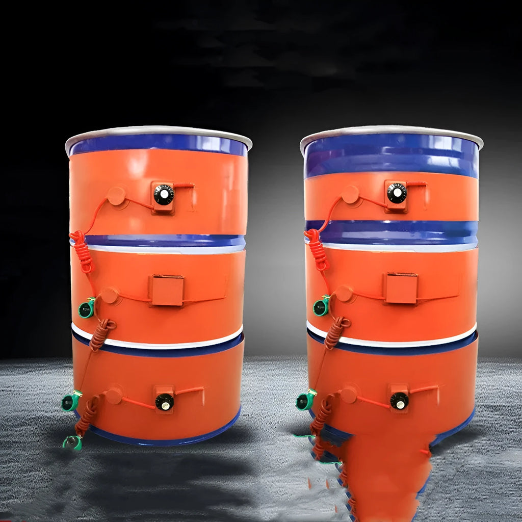 Flexible silicone rubber heating belt wrapped around a 200-litre oil drum with control unit visible