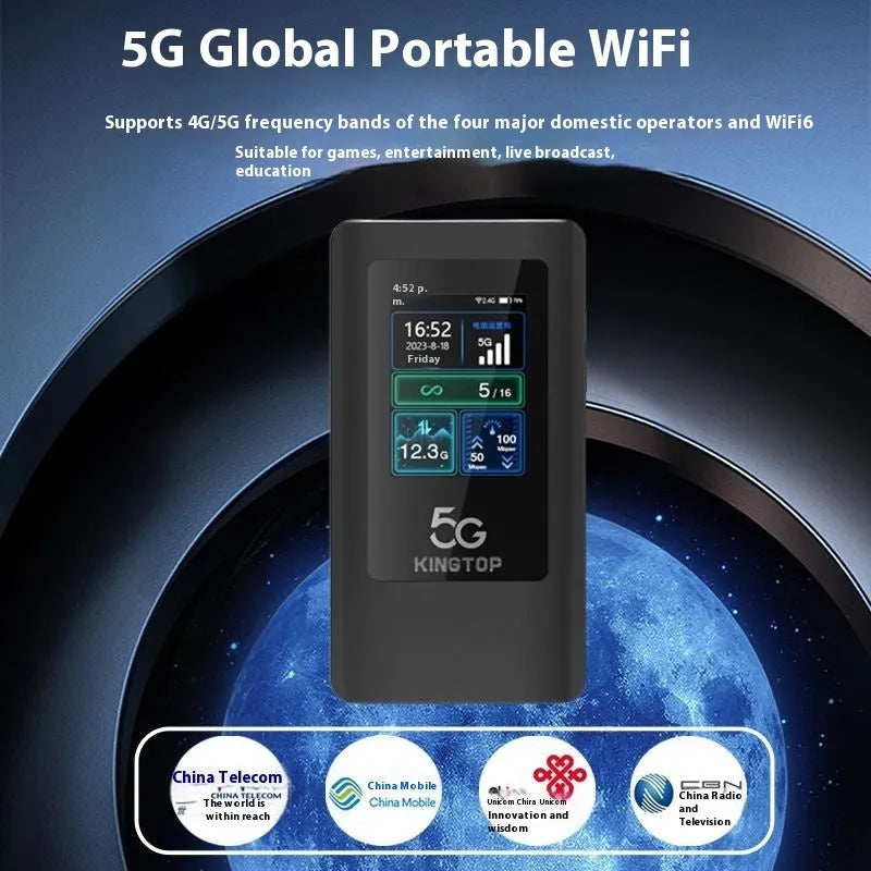 Black portable 5G Wi-Fi router showing LCD screen, USB Type-C port, and power button