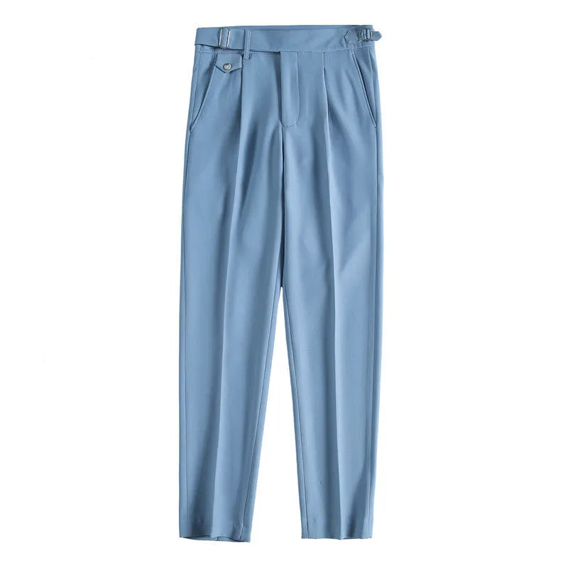 Straight-leg casual trousers in a neutral colour on a hanger, showing the simple fit and polyester fabric.