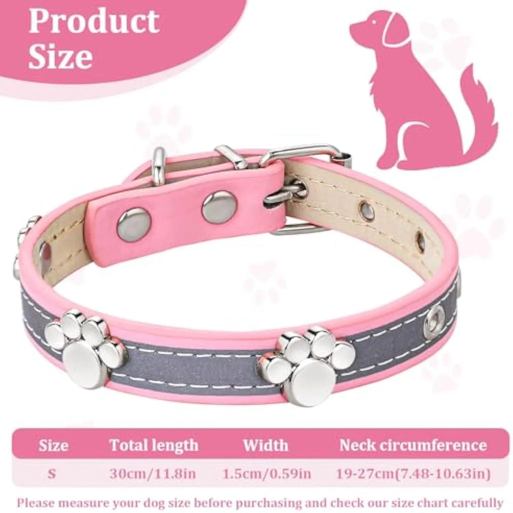Reflective brown leather dog collar with metal buckle and decorative paw-shaped rivet, shown on a size chart.