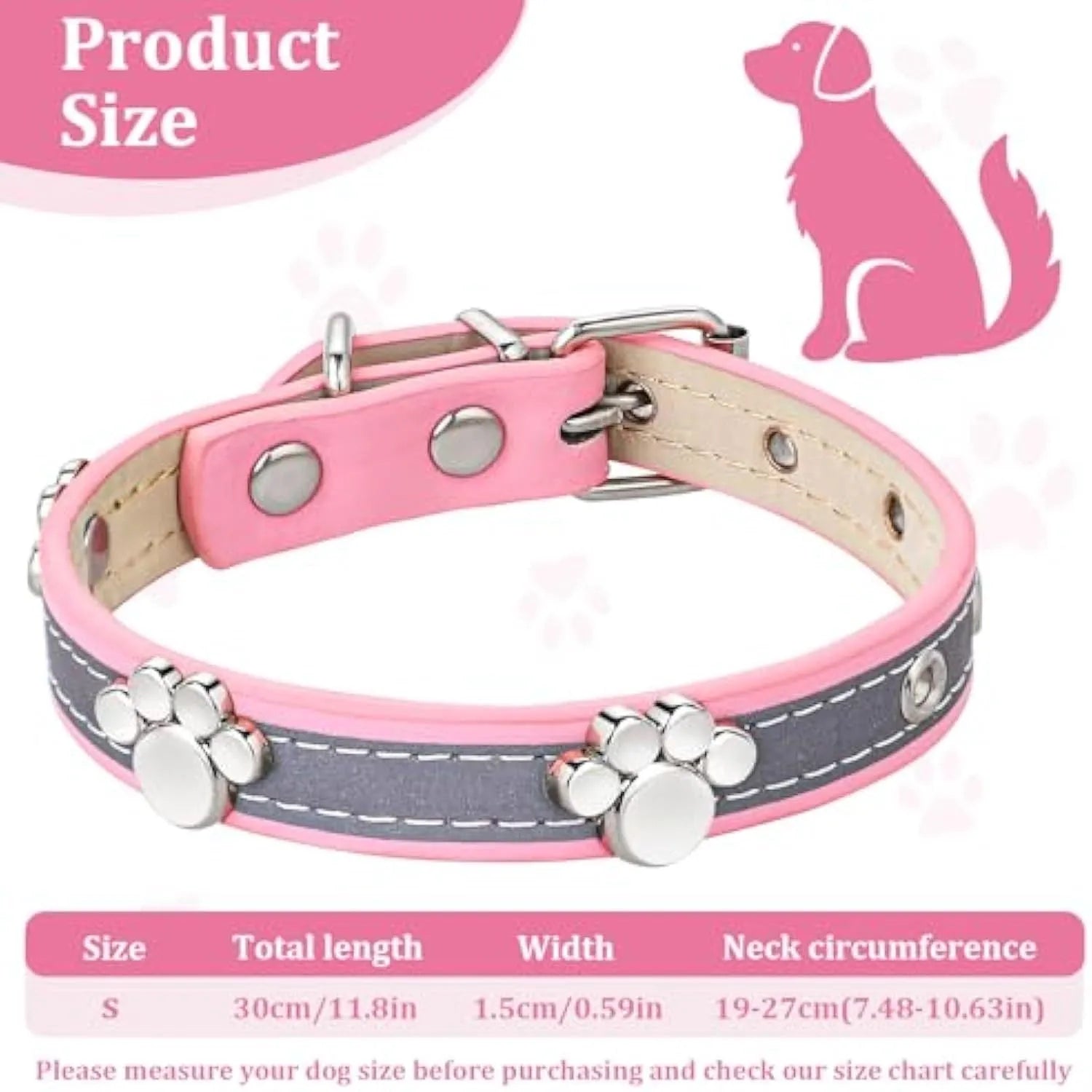 Reflective brown leather dog collar with metal buckle and decorative paw-shaped rivet, shown on a size chart.