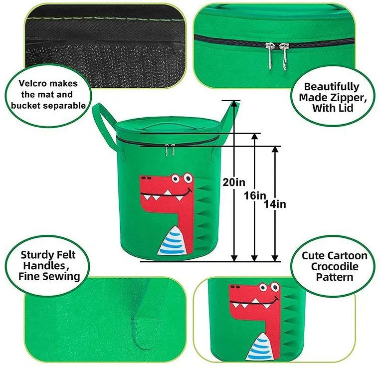 Green felt cube storage bag with a pull rope, shown unfolded as a flat play mat for toys.