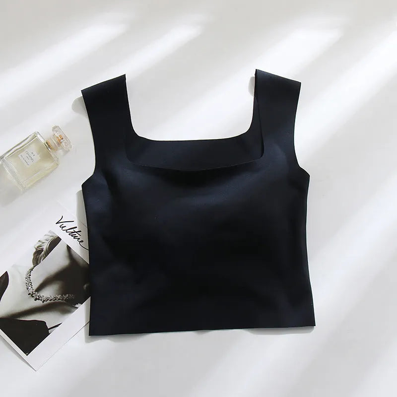 Women's non-marking nylon fixing cup sling vest in light blue colour showing seamless design