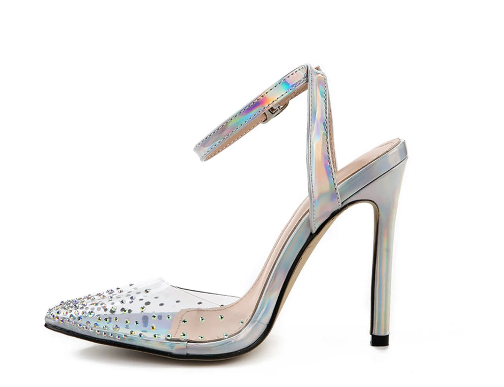 Women's pointed toe stiletto sandals with diamond embellishments on PVC upper, showing side view