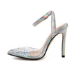 Women's pointed toe stiletto sandals with diamond embellishments on PVC upper, showing side view