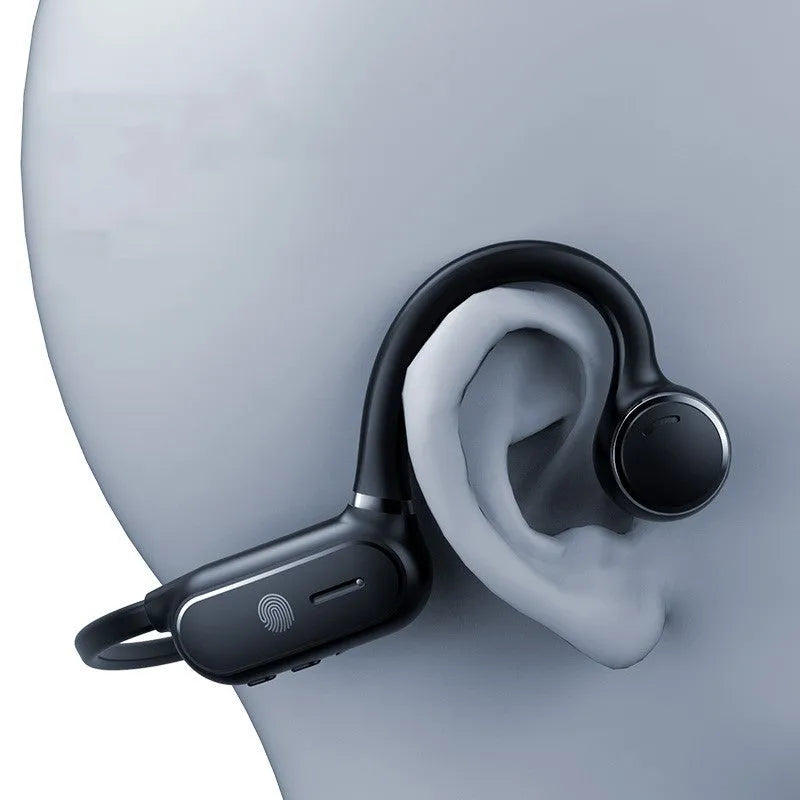 Black open-ear air conduction Bluetooth wireless earphones with a flexible titanium frame on a white background.