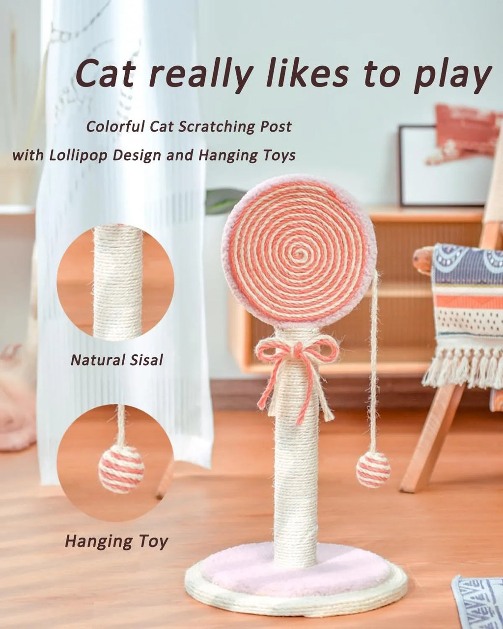 Blue cat scratching post with natural sisal rope and a hanging yellow ball toy on a wooden base.