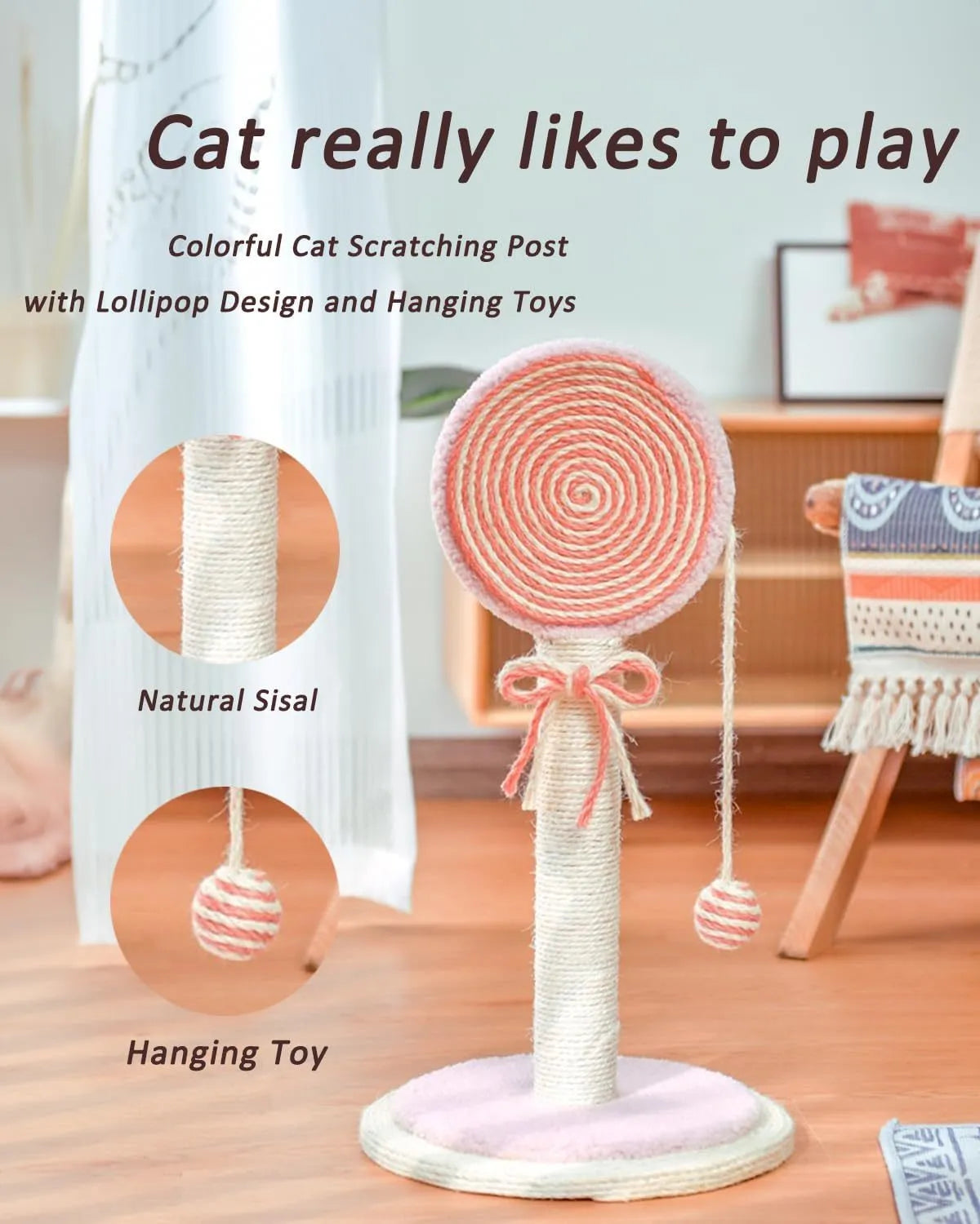 Blue cat scratching post with natural sisal rope and a hanging yellow ball toy on a wooden base.