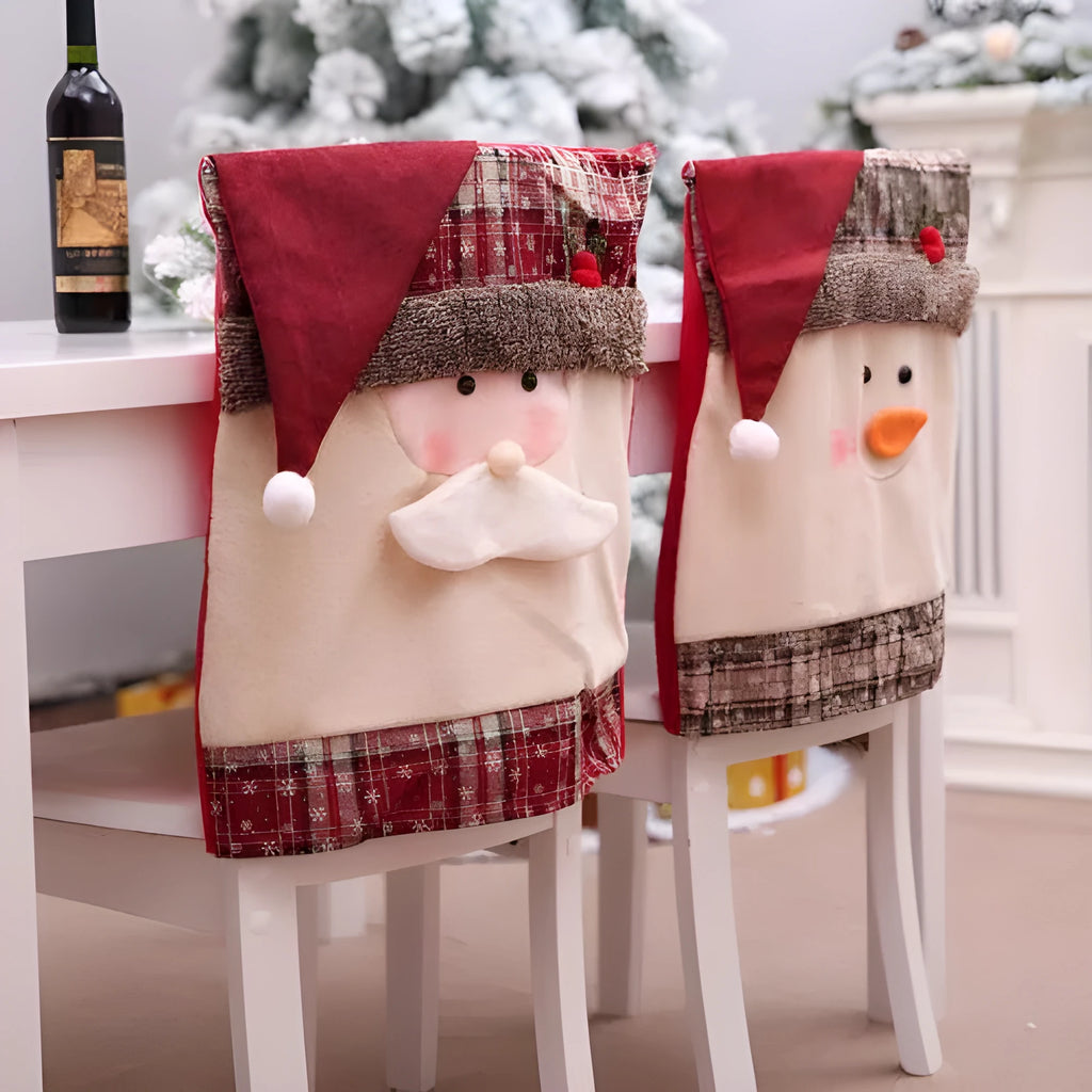 Set of red and white Christmas chair covers featuring Santa Claus, Snowman, and Santa Hat designs.