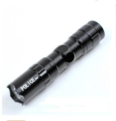 Black aluminium LED mini flashlight showing compact 9.5cm length with 3W bulb