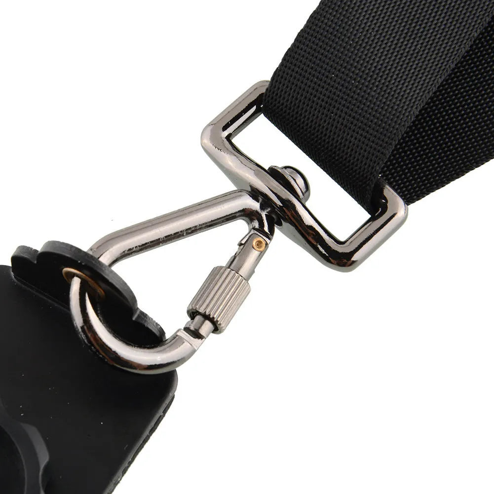 Black dual shoulder SLR camera strap showing two camera attachment points and thick shoulder padding