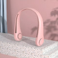 Pink portable bladeless neck fan with adjustable speed settings and USB charging cable
