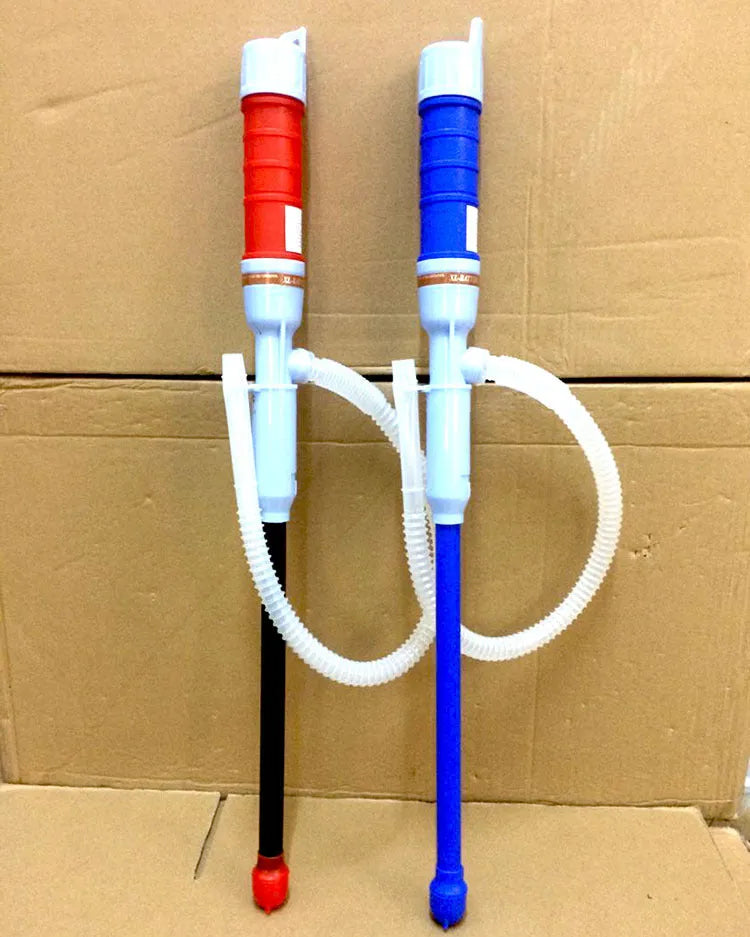 Blue and red manual hand siphon pump for car fuel and oil transfer
