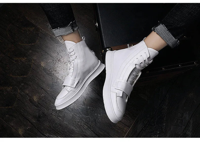 PU leather men's winter ankle boots in high-top sneaker style, black and white options