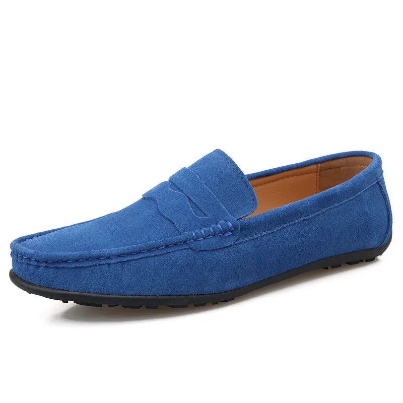 Men's solid colour suede loafers with a round toe and flat rubber sole