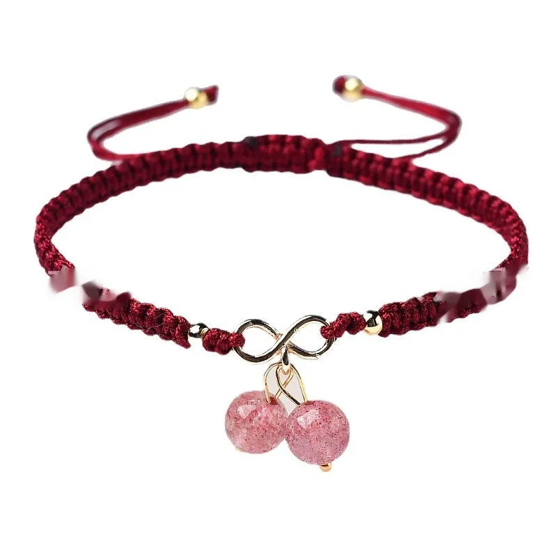 Natural strawberry quartz cherry bracelet for women with fruit-shaped crystal charm in three colour options