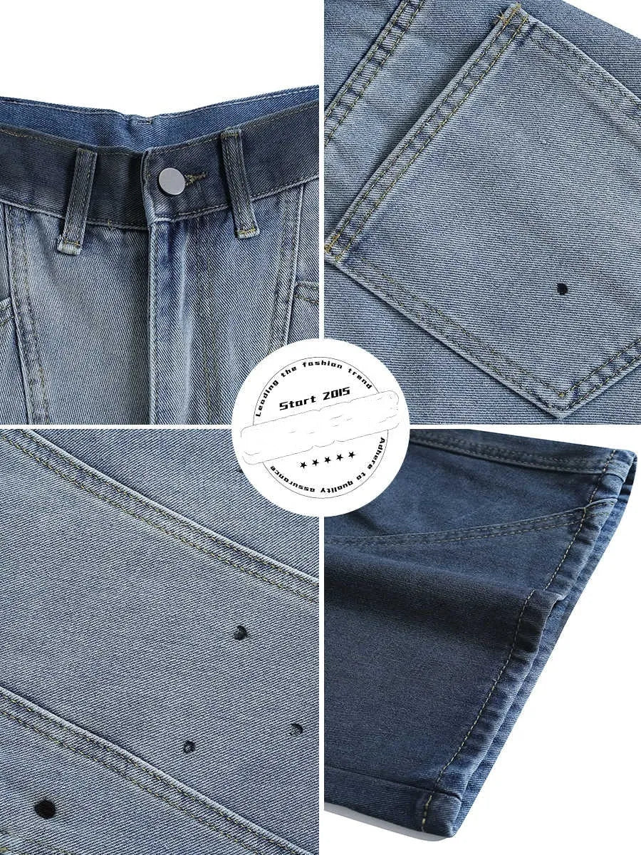 Blue tie-dye gradient cropped jeans with a washed-out, worn-in look and loose casual fit