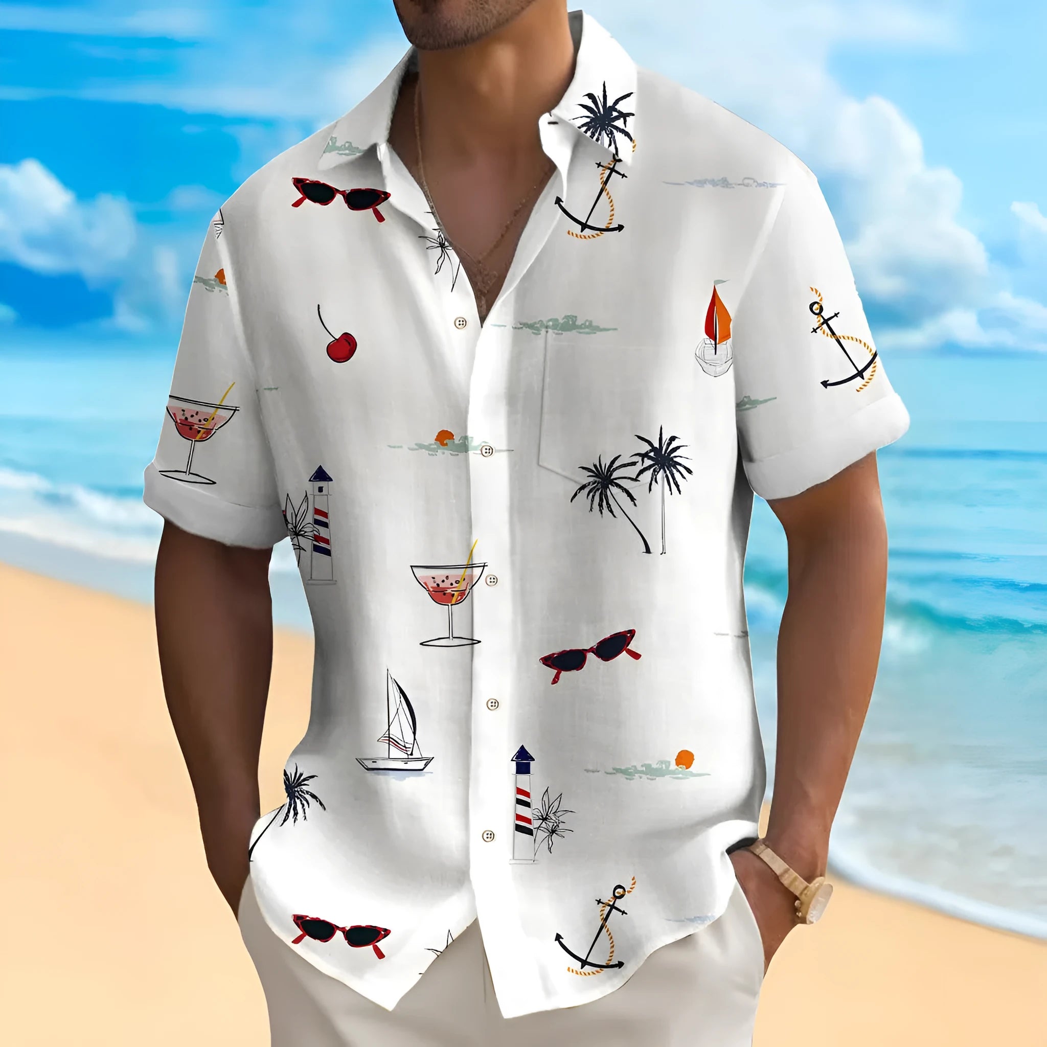 Men's loose fit Hawaiian shirt with colourful digital print pattern and short sleeves