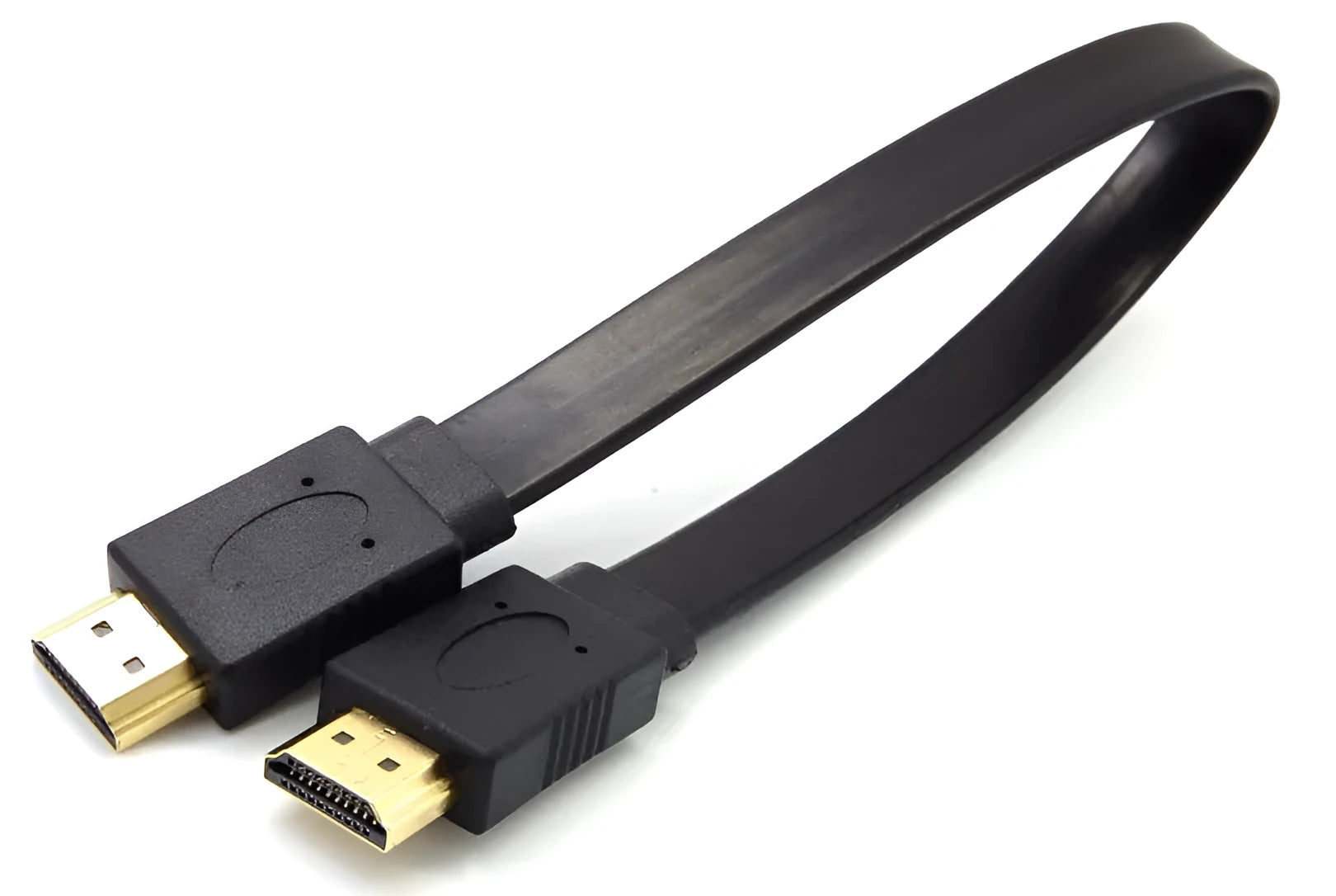 Flat HDMI cable with HDMI connectors showing length options from 0.3 metres to 10 metres