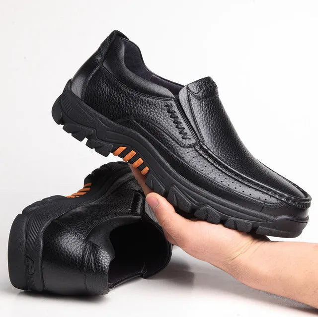 Men's black and brown cowhide leather business casual slip-on shoes with rubber soles