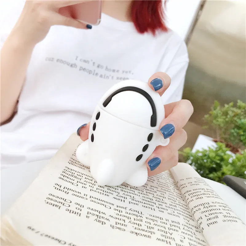Silicone flip case for AirPods 1 and 2 with cartoon aeroplane headset design and metal hook.