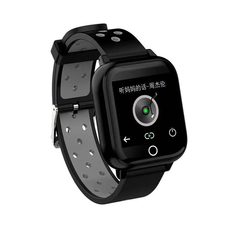 Black smart watch with integrated Bluetooth earphones showing 1.4 inch display with fitness metrics