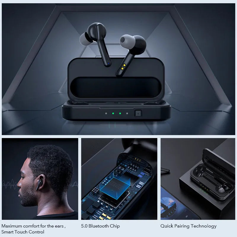 Black and white TWS wireless Bluetooth 5.0 headphones with IPX5 waterproof rating.