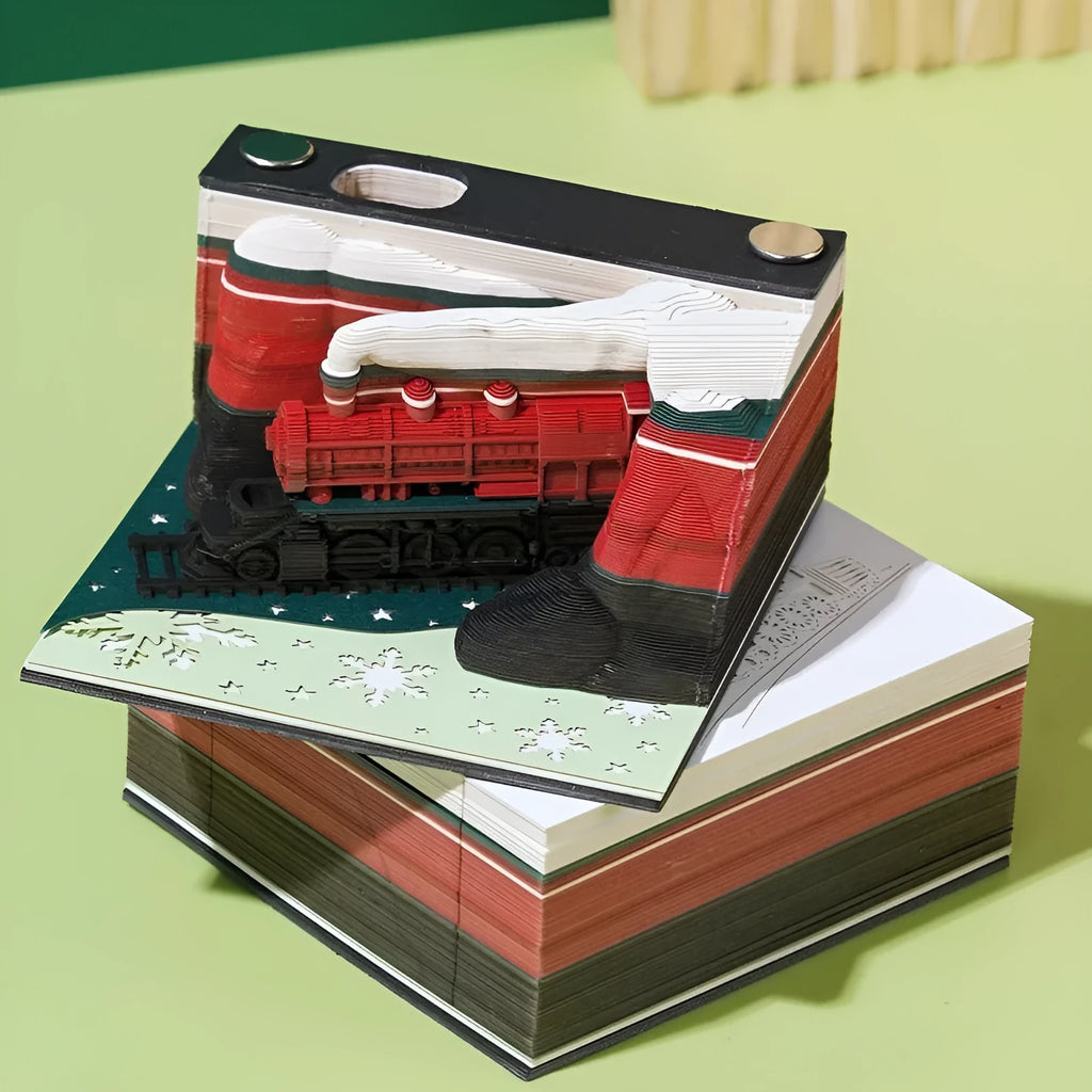 3D sticky notes pad with a raised paper carving of Qingshui Temple and a Christmas Train coloured cover.
