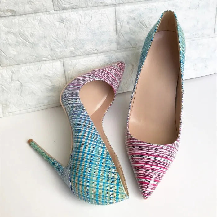 Women's gradient pink and blue patent leather pointed toe high heels with rubber sole