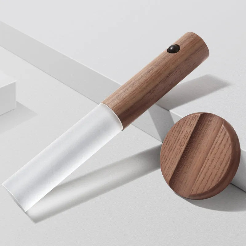 Compact smart sensor LED desk lamp made of solid wood and acrylic, showing coffee colour option.