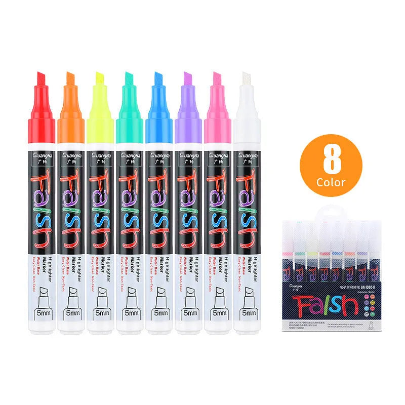 Electronic fluorescent board highlighter pen with plastic shell and oblique 6mm tip, shown with 8-colour refill set.