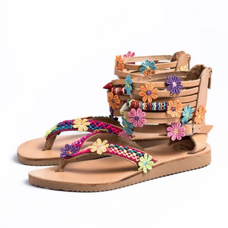 Ethnic floral beaded Roman sandals with round toe and artificial PU upper in suit colour